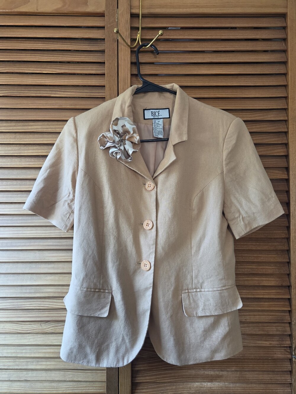 Vintage BICE Petite Linen Blend Short Sleeve Blazer Jacket Beige 8P